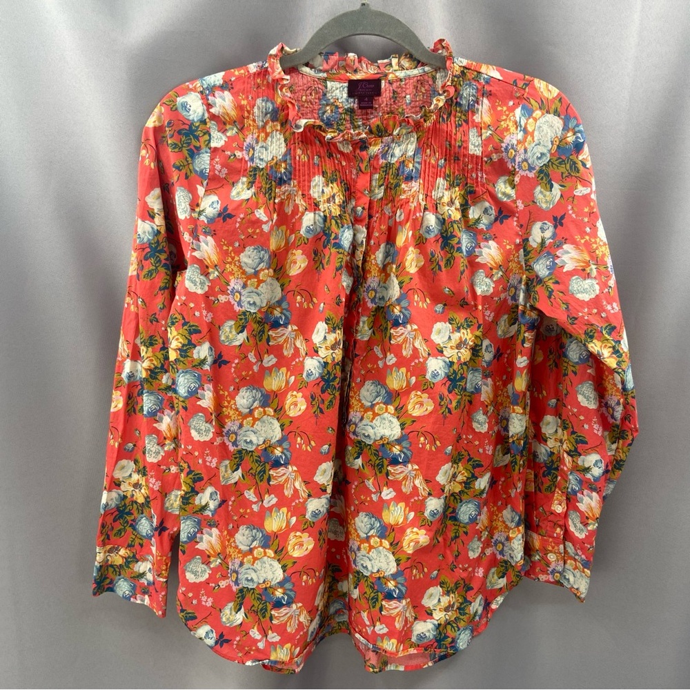 J.Crew Liberty Fabric Josephine Pintuck Popover Blouse Coral Floral Ruffle Neck